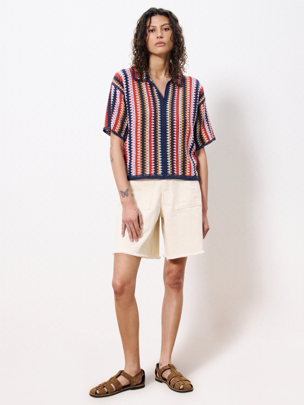 FRNCH Paris | Akira Multicolor Crochet Polo Top, Large